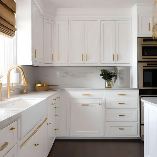 White kitchen with farmhouse sink and gold hardware