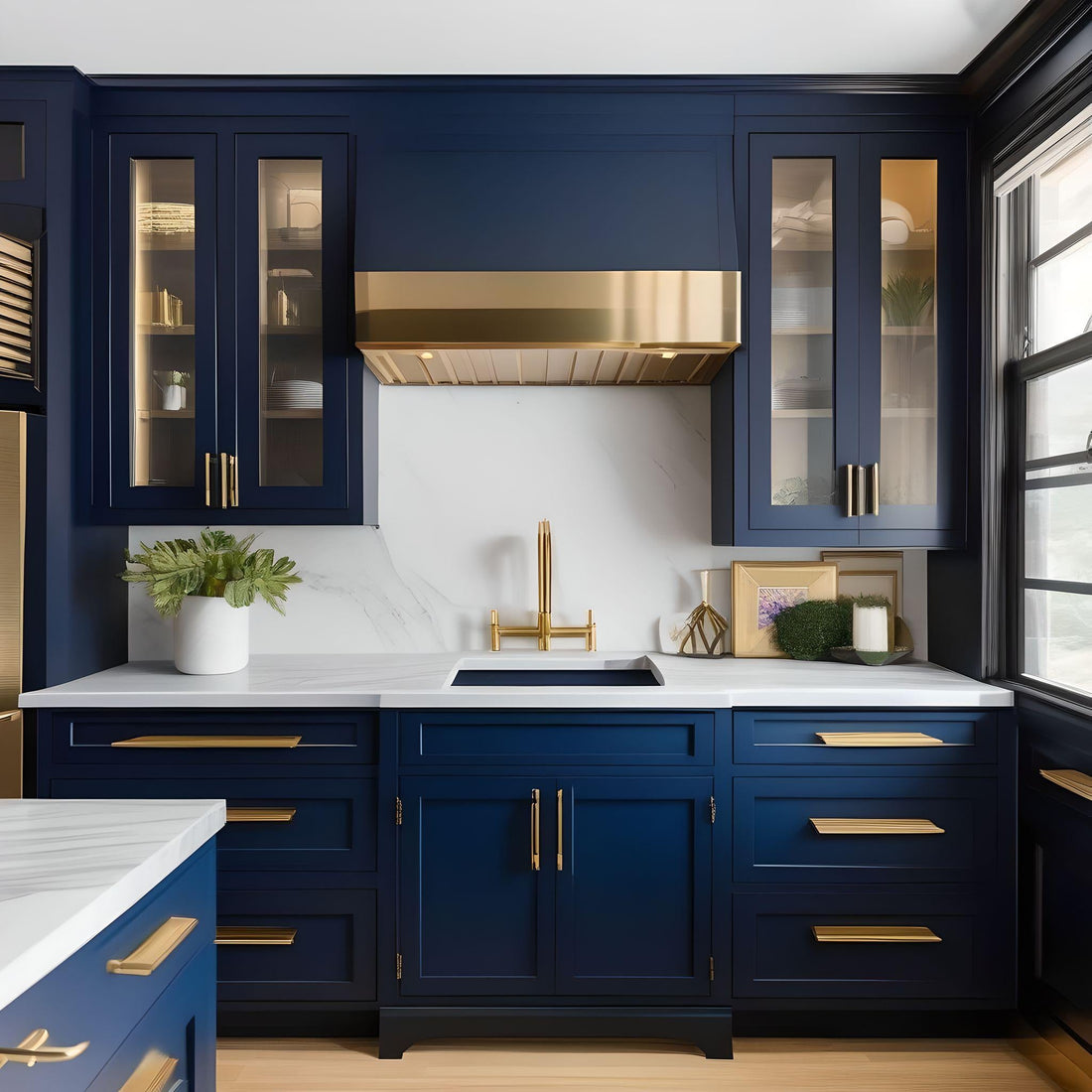 Blue cabinets with gold cabinet hardware