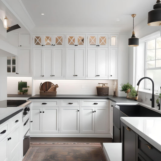 White shaker cabinets with black cabinet hardware 