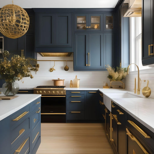 Blue kitchen with gold hardware 