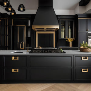 Black kitchen with gold hardware 