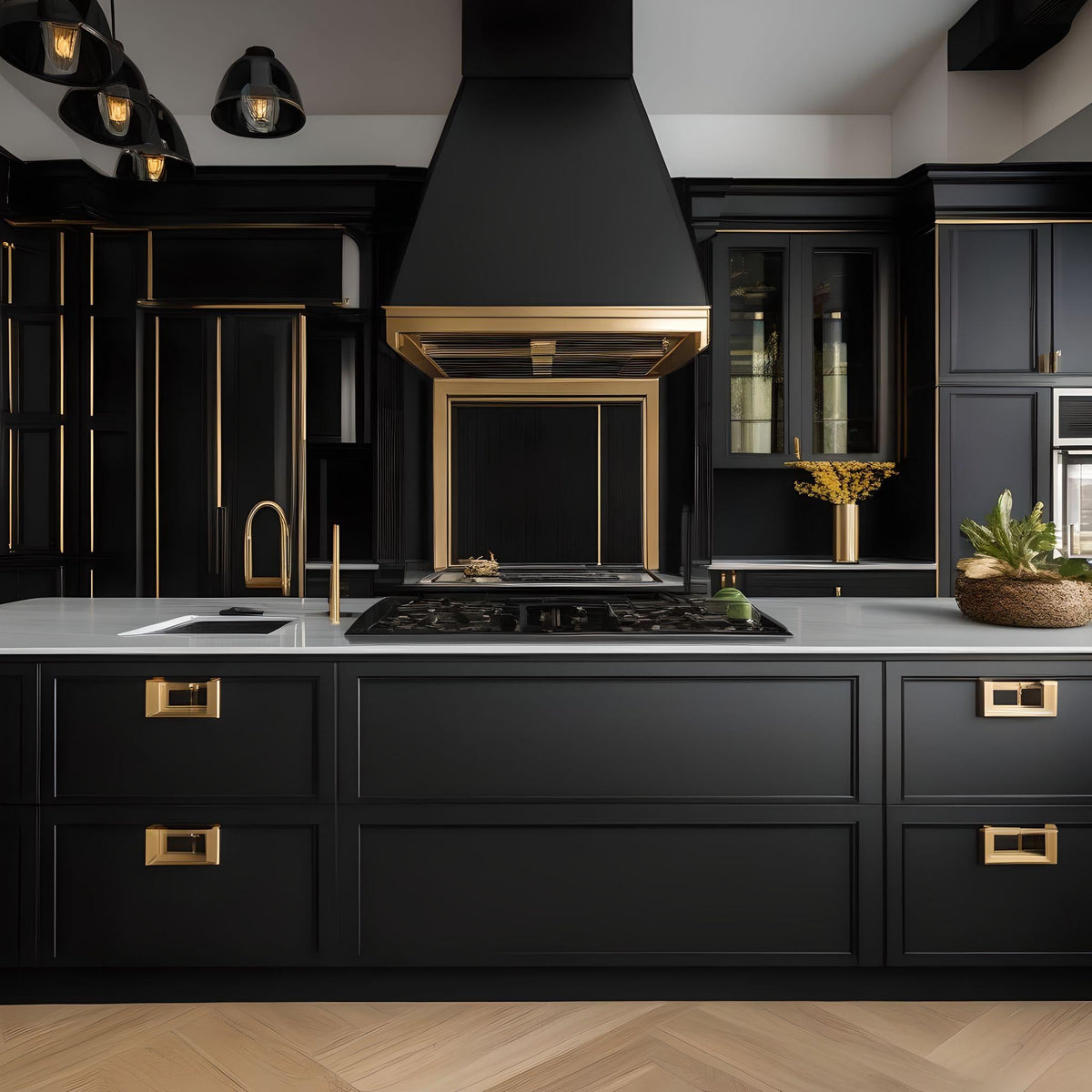 Black kitchen with gold hardware 
