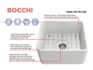 Bocchi CLASSICO  Farmhouse Apron Front Fireclay 20 inch Single Bowl Kitchen Sink