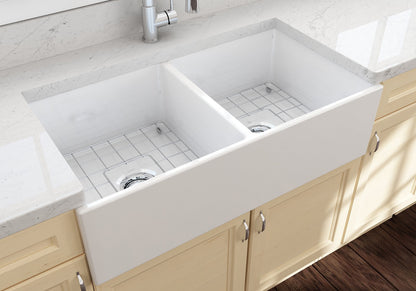 CONTEMPO 36D Farmhouse Apron Front Fireclay 36 inch Double Bowl Kitchen Sink