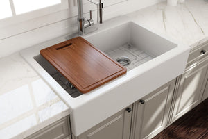 NUOVA 34D- Farmhouse Short Apron Front Fireclay 34" Double Bowl Kitchen Sink for easy Retro-Fit