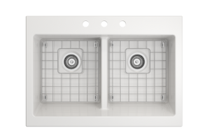 NUOVA 34D- Farmhouse Short Apron Front Fireclay 34" Double Bowl Kitchen Sink for easy Retro-Fit