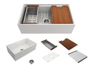 BOCCHI Contempo 33 inch white fireclay farmhouse sink installed in a kitchen