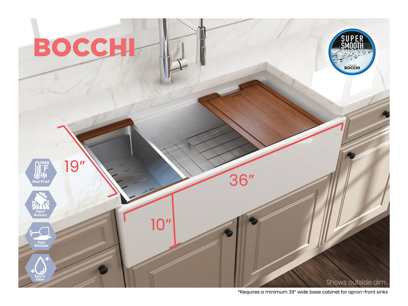 CONTEMPO 36 STEP RIM- Farmhouse Apron Front Fireclay 36" Single Bowl Kitchen Sink with Step Rim