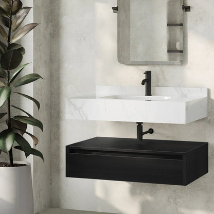 36 inch Avancer Wall-Mount Bathroom Vanity black oak White Marble Sink - 1 Faucet Hole