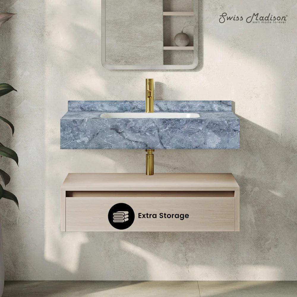 36 inch Avancer Wall-Mount Bathroom Vanity white oak - 1 Faucet Hole (Blue Celeste Sink)