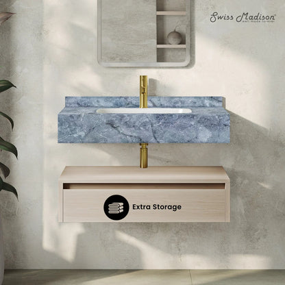36 inch Avancer Wall-Mount Bathroom Vanity white oak - 1 Faucet Hole (Blue Celeste Sink)