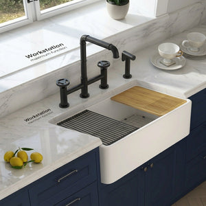 30" Fireclay Farmhouse Workstation Sink & Widespread Bridge Faucet Package