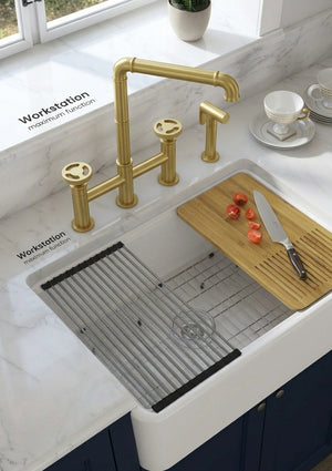 30" Fireclay Farmhouse Workstation Sink & Widespread Bridge Faucet Package