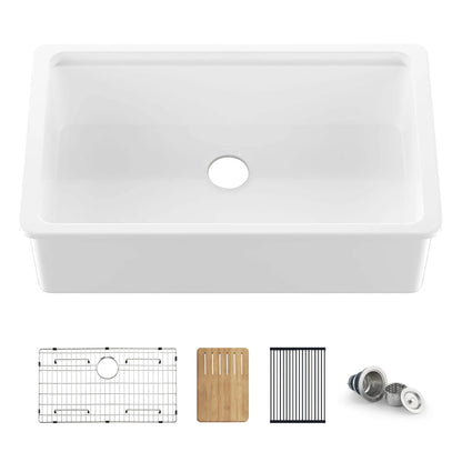 (kitchen package) - Kibi- 33″ Pure Fireclay Undermount Workstation Sink (fireclay) – K2-S33T, Ruvati Isola Single Handle Pull Out Kitchen Faucet Knurl Transitional (Brushed Gold)- RVF1248SG