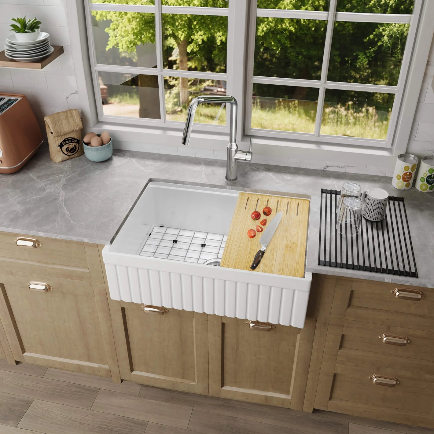 Pillar 30″ Kitchen Farmhouse Fireclay Workstation Sink - K2-SF30PIT