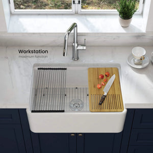 (Kitchen Package) – 30″ Fireclay Farmhouse Workstation Sink Pure Series K2-SF30T + KIBI Aurora Pull-Down Faucet KKF2003 (Brushed Nickel) + Amerock BLACKROCK Cabinet Hardware Pulls (Pack of 30, Golden Champagne)