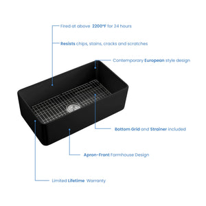 Pure 33″ Fireclay Kitchen Farmhouse Apron Front Single Bowl Sink – Matte Black – K2-SF33MB