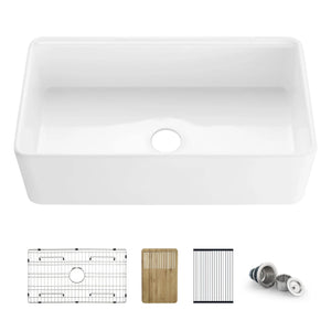 KIBI 33" Fireclay Farmhouse Workstation Kitchen Sink & Brushed Gold Pull-Down Faucet Combo – Single Bowl Apron Front, Pure Series K2-SF33T + Macon KKF2007