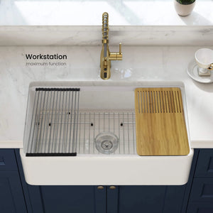 (kitchen package)- 33″ Fireclay Kitchen Farmhouse Workstation Sink Pure Series- K2-SF33T, KIBI Macon Single Handle High Arc Pull Down Kitchen Faucet (brushed gold)  – KKF2007