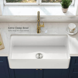 (Kitchen package) - 36″ Fireclay Farmhouse Single Bowl Kitchen Sink Pure Series – K2-SF36, KIBI Aurora Single Handle High Arc Pull Down Kitchen Faucet – KKF2003 (Matte black faucet)