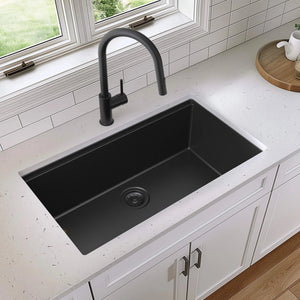 KIBI 33" Black Quartz Undermount Workstation Kitchen Sink & Brushed Gold Pull-Down Faucet Combo – Single Bowl, K4-S33T + Circular KKF2013
