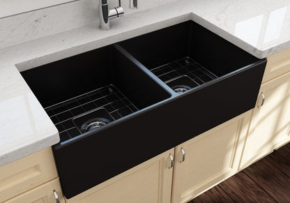 CONTEMPO 36D Farmhouse Apron Front Fireclay 36 inch Double Bowl Kitchen Sink
