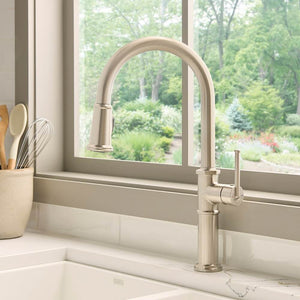 Ruvati Idris Single Handle Pull Down Kitchen Faucet Tall High Arc Gooseneck with Sprayer in Brushed Gold – RVF1239SG