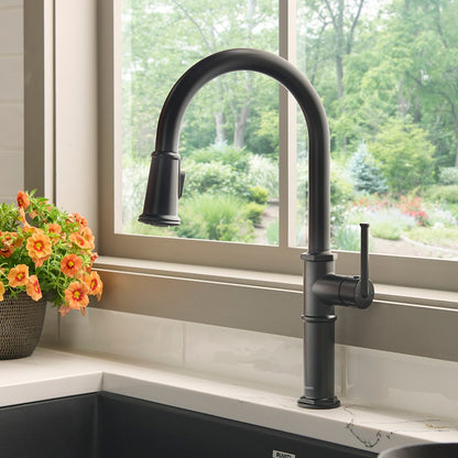 Ruvati Idris Single Handle Pull Down Kitchen Faucet Tall High Arc Gooseneck with Sprayer in Brushed Gold – RVF1239SG