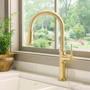 Ruvati Idris Single Handle Pull Down Kitchen Faucet Tall High Arc Gooseneck with Sprayer in Brushed Gold – RVF1239SG