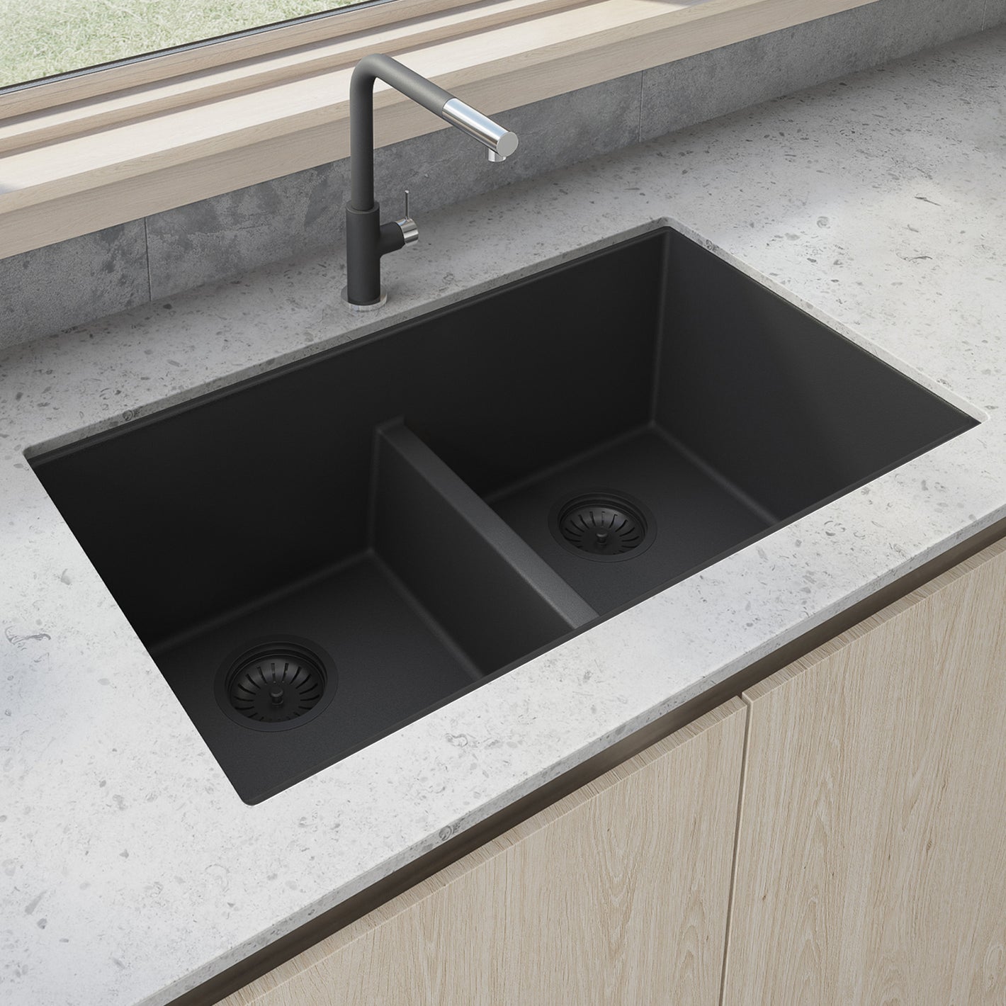 33 x 19 inch Granite Composite Undermount Double Bowl Low Divide Kitchen Sink – Midnight Black