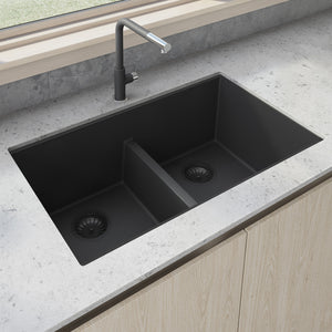 33 x 19 inch Granite Composite Undermount Double Bowl Low Divide Kitchen Sink – Midnight Black