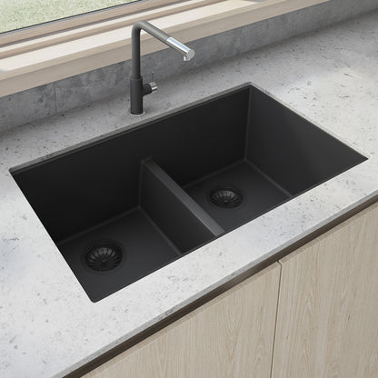 33 x 19 inch Granite Composite Undermount Double Bowl Low Divide Kitchen Sink – Midnight Black