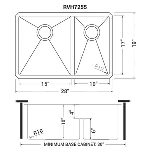 Ruvati 28-inch Low-Divide Undermount 60/40 Double Bowl Rounded Corners 16 Gauge Stainless Steel Kitchen Sink – RVH7255