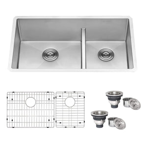 Ruvati 33-inch Low-Divide Undermount 60/40 Double Bowl 16 Gauge Rounded Corners Stainless Steel Kitchen Sink – RVH7419