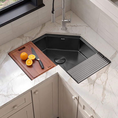 Ruvati Roma Pro 32 inch Corner Workstation Gunmetal Black Stainless Steel Undermount Kitchen Sink – RVH8410BL