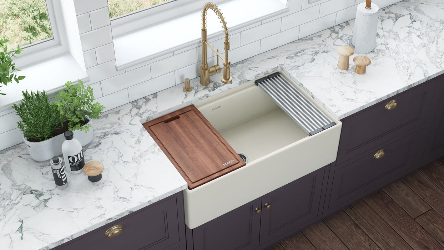Ruvati 33 inch Fireclay Workstation Farmhouse Kitchen Sink Apron Front Single Bowl Biscuit Sand – RVL2387BS