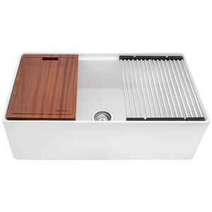 Ruvati 33 inch Fireclay Workstation White Farmhouse Kitchen Sink Apron Front Single Bowl – RVL2387WH