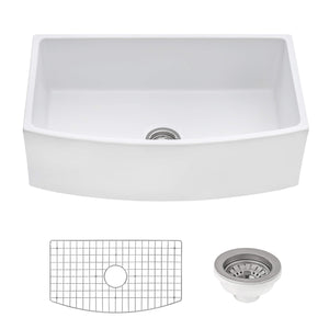 Ruvati 33 inch Fireclay White Farmhouse Kitchen Sink Bow Front Curved Apron Single Bowl – RVL2398WH