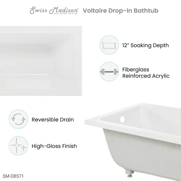 Voltaire 48" x 32" Reversible Drain Drop-In Bathtub