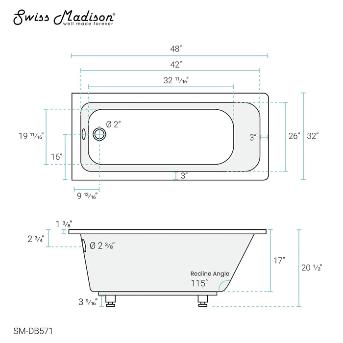 Voltaire 48" x 32" Reversible Drain Drop-In Bathtub