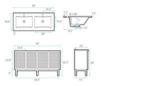 60" Freestanding Bathroom Vanity, Double Basin, White Sink top 1 faucet hole