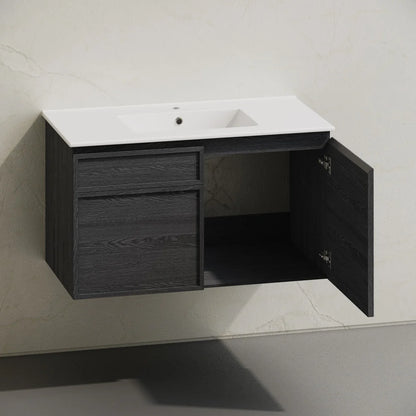 36 inch black oak Wall-Mount Bathroom Vanity 1 Faucet Hole with White Sink counter top (Copy)