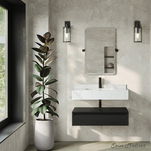 36 inch Avancer Wall-Mount Bathroom Vanity black oak White Marble Sink - 1 Faucet Hole