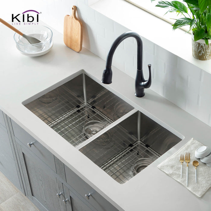 32 3/4″ Handcrafted Undermount Double Bowl Stainless Steel Kitchen Sink – K1-D33-BS