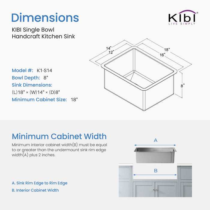 14″ Handcrafted Undermount Single Bowl 16 gauge Stainless Steel Kitchen Sink – K1-S14