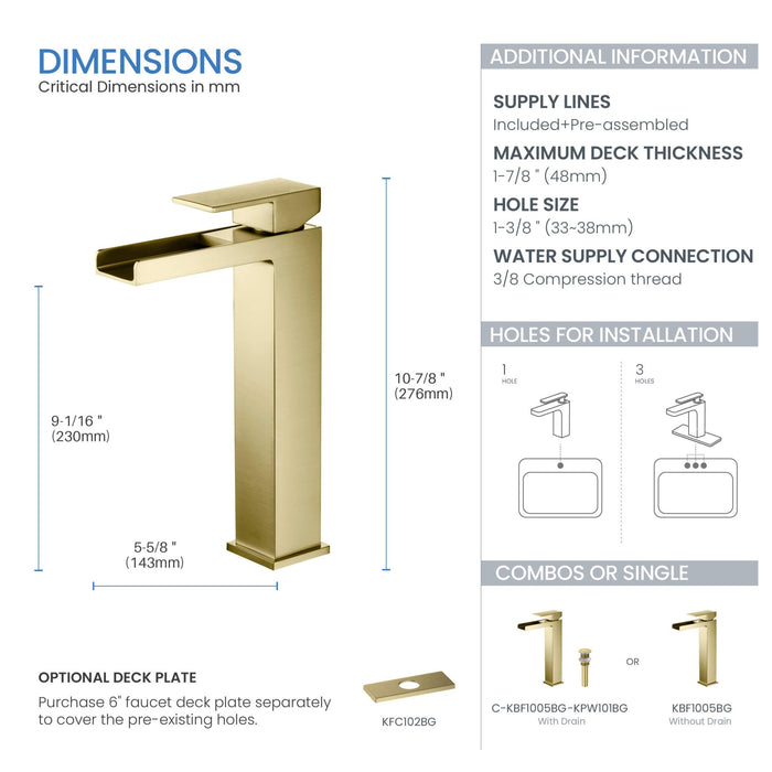 KIBI Waterfall Brass Single Handle Bathroom Vessel Sink Faucet