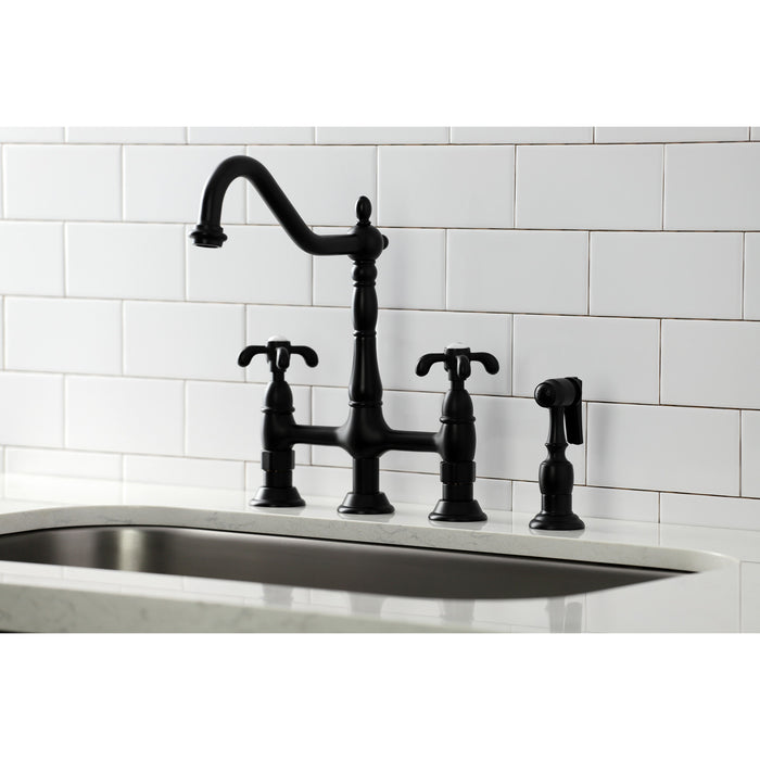 KINGSTON BRASS KS127XTXBS-P FRENCH COUNTRY TWO-HANDLE 4-HOLE DECK MOUNTED BRIDGE KITCHEN FAUCET WITH BRASS SPRAYER
