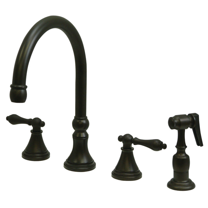 KINGSTON BRASS KS279XALBS-P GOVERNOR TWO-HANDLE 4-HOLE DECK MOUNTED 8″ WIDESPREAD KITCHEN FAUCET WITH BRASS SPRAYER