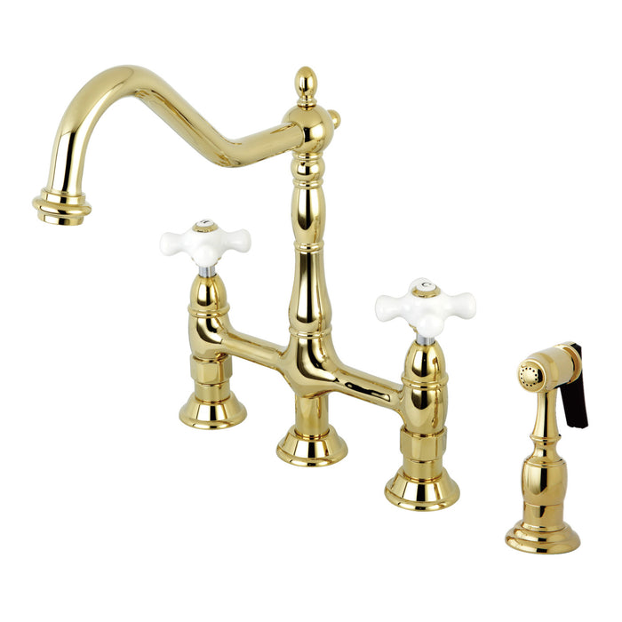 KINGSTON BRASS KS127XPXBS-P HERITAGE TWO-HANDLE 4-HOLE DECK MOUNTED BRIDGE KITCHEN FAUCET WITH SIDE SPRAYER