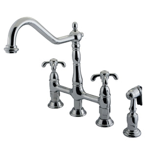 KINGSTON BRASS KS127XTXBS-P FRENCH COUNTRY TWO-HANDLE 4-HOLE DECK MOUNTED BRIDGE KITCHEN FAUCET WITH BRASS SPRAYER
